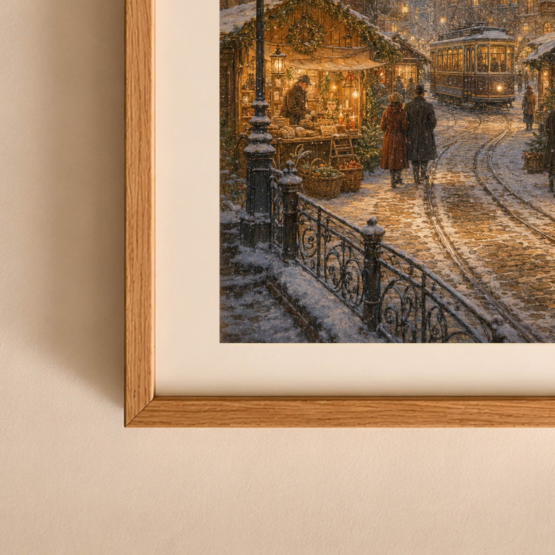 Königsberg Wall Art Printable Christmas Old Town Poster 6 Close-up detail of Königsberg wall art with vintage tram, snowy curved rails, Christmas market stall, historic lantern and pedestrians.
