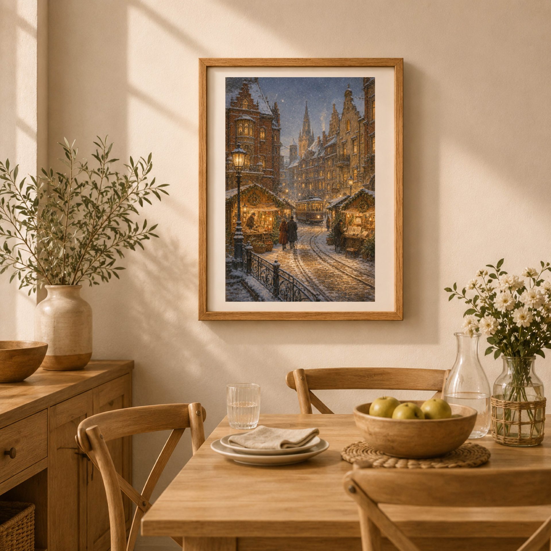 Königsberg Wall Art Printable Christmas Old Town Poster 5 Königsberg winter cityscape poster displayed in a bright dining room with wooden table, chairs, ceramics and botanical decor.