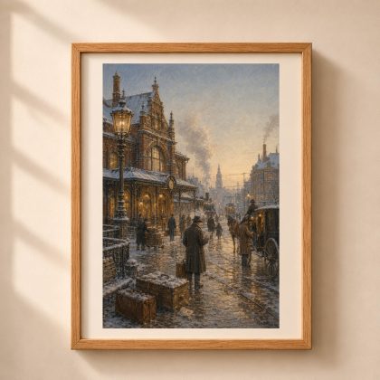 Framed Königsberg railway station wall art showing a snowy historic station, travelers with luggage, horse carriage, tram lines and winter morning light.