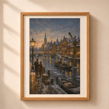 Framed Pregel River winter wall art showing historic Königsberg warehouses, an illuminated waterfront, riverboats, harbor crane, Gothic skyline and snowy quay.