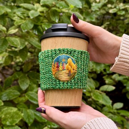 Cozy Days, crochet cup cozy with hand embroidered landscape