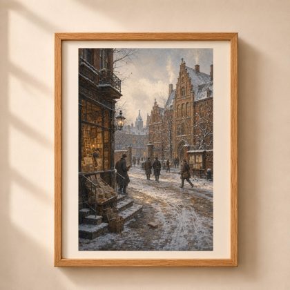 Framed Königsberg university wall art showing a snowy academic street, historic red-brick buildings, illuminated bookshop and pedestrians in winter clothing.