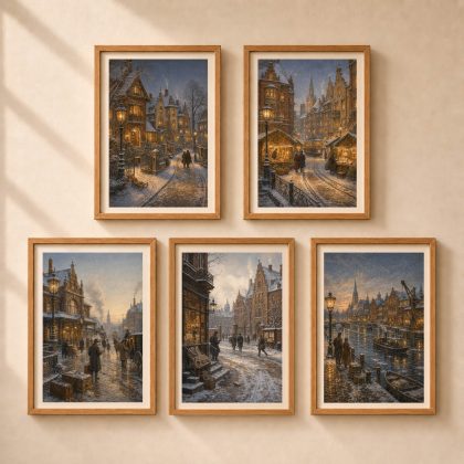 Gallery wall of five framed Königsberg winter illustrations showing Amalienau villas, Christmas street with tram, railway station, university quarter and Pregel waterfront.