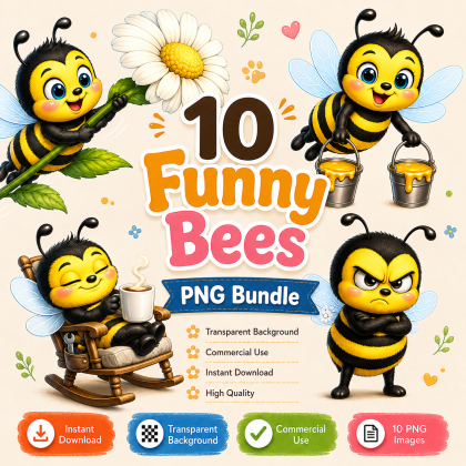 Funny Bees PNG Clipart Bundle | 10 Cute Bee Illustrations