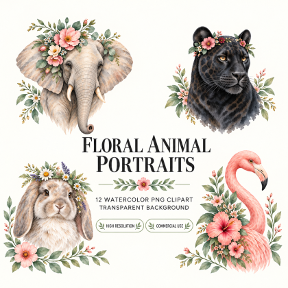 Floral Animal Portraits | 12 Watercolor PNG Clipart