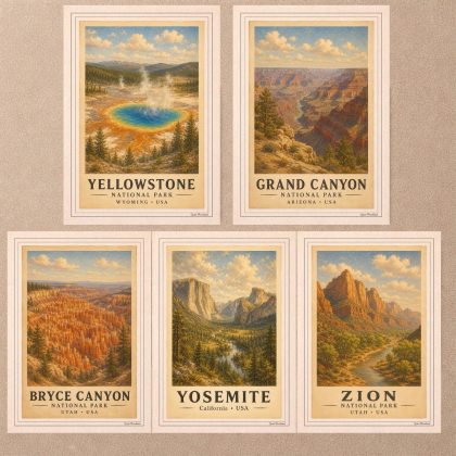 Five vintage USA national parks printable postcards arranged together, featuring Yellowstone, Grand Canyon, Bryce Canyon, Yosemite and Zion as matching 10x14 cm landscape art cards.