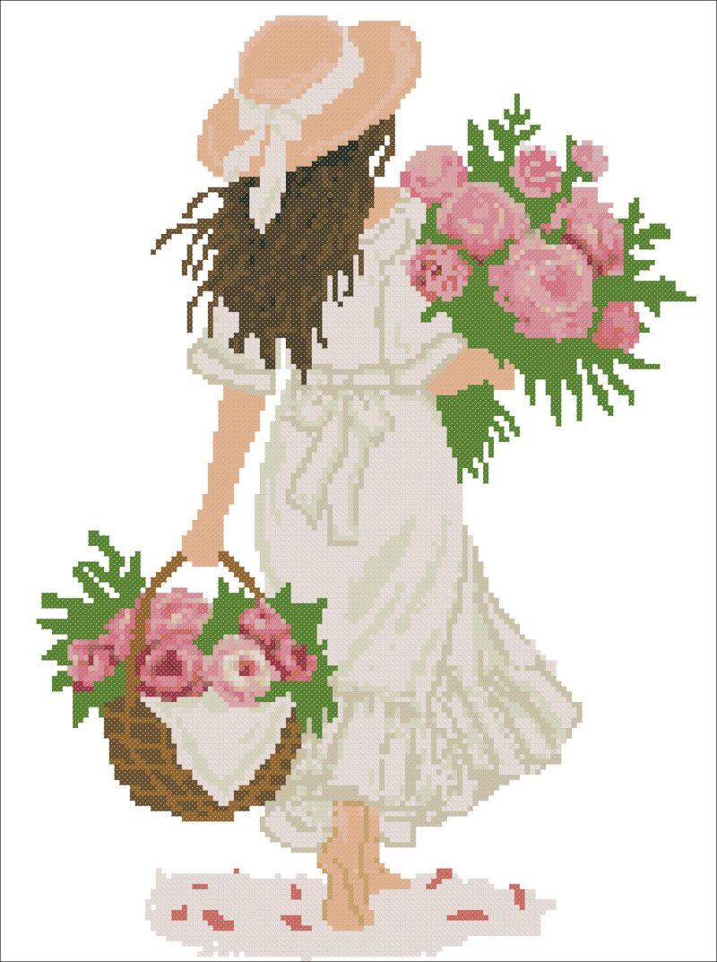 Girl with Pink Roses Cross Stitch Pattern PDF | Floral Art