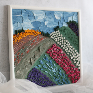 Textured flowers fields, original sculptural painting, plaster flowers.