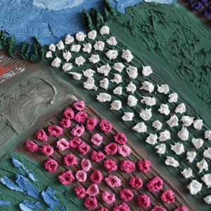 Textured flowers fields, original sculptural painting, plaster flowers.