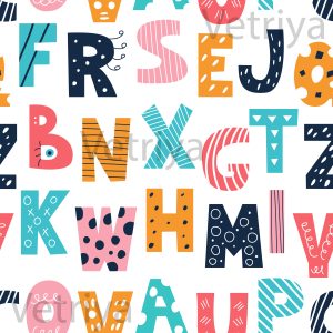 Latin multicolored alphabet in the style of doodles on a white background. Vector seamless pattern. Decor for children's posters, postcards, clothing and interior decoration