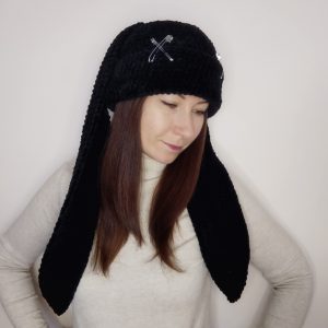 bunny hat goth. black bunny beanie crochet. beanie with long ears