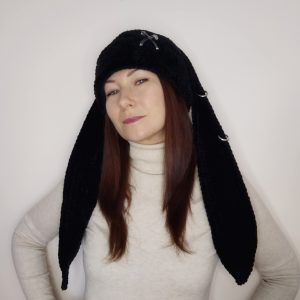 bunny hat goth. black bunny beanie crochet. beanie with long ears
