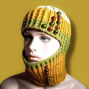 Wool balaclava with large beads. Hand knit winter hat.