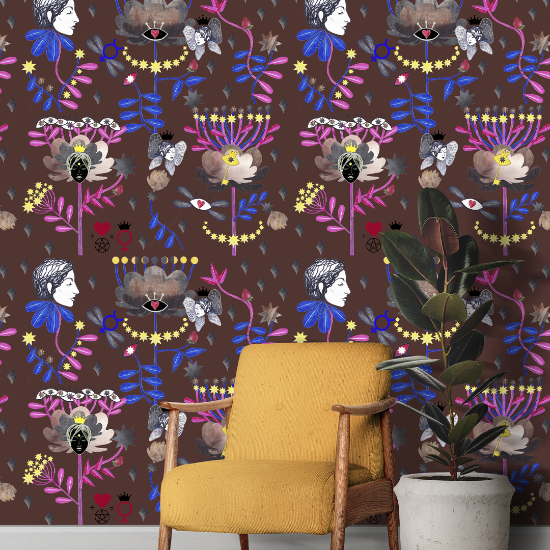 brown walls yellow armchair and ethnic carpet seamless pattern of venus and a magical garden in the interior printed on wallpaper