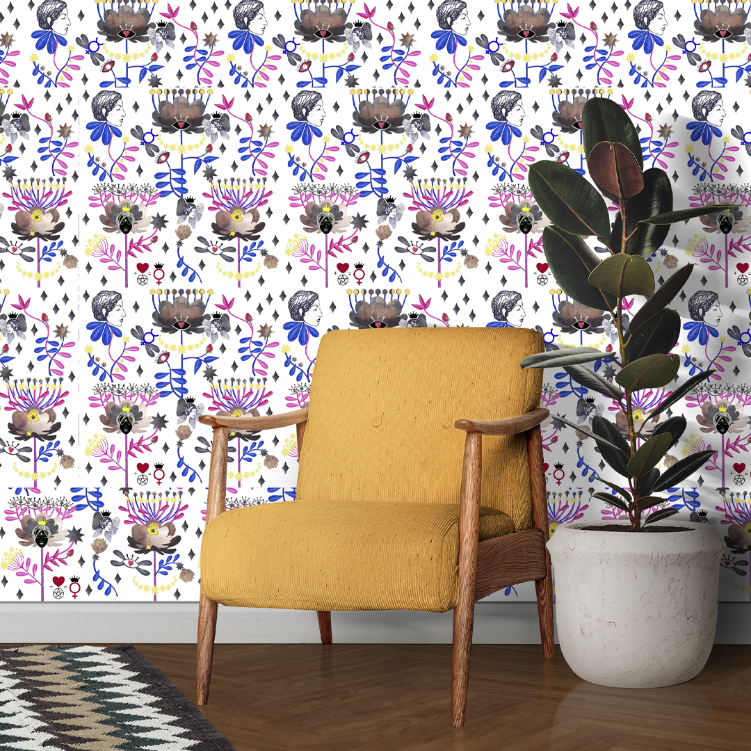 white walls yellow armchair and ethnic carpet seamless pattern of venus and a magical garden in the interior printed on wallpaper