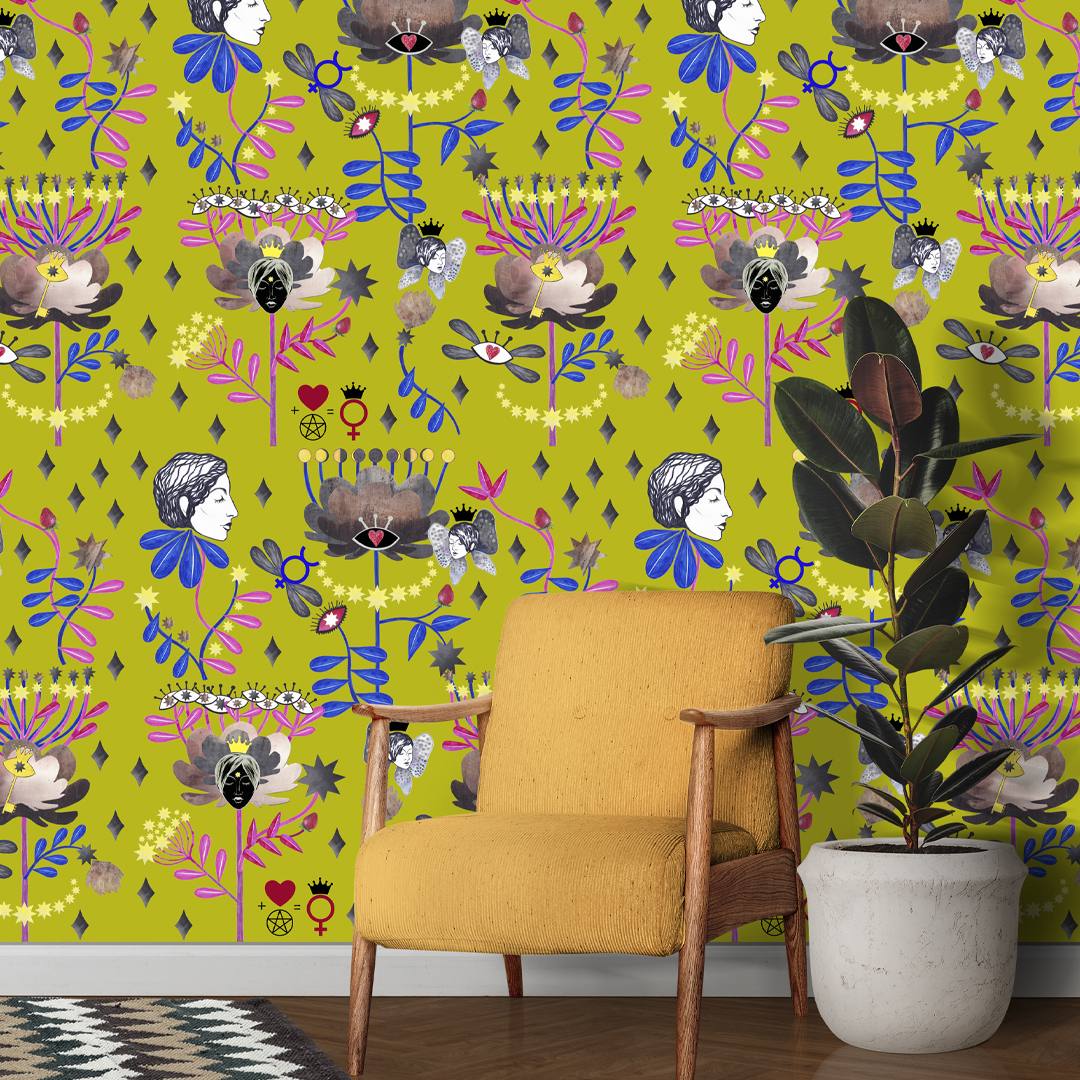 green walls yellow armchair and ethnic carpet seamless pattern of venus and a magical garden in the interior printed on wallpaper