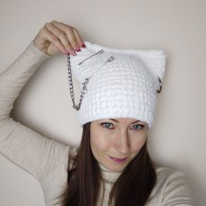 white cat ear beanie crochet. fluffy beanie with chain