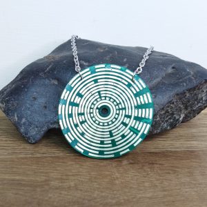 Circuit board necklace. Cyberpunk necklace with chain. Green circle futuristic pendant with chain