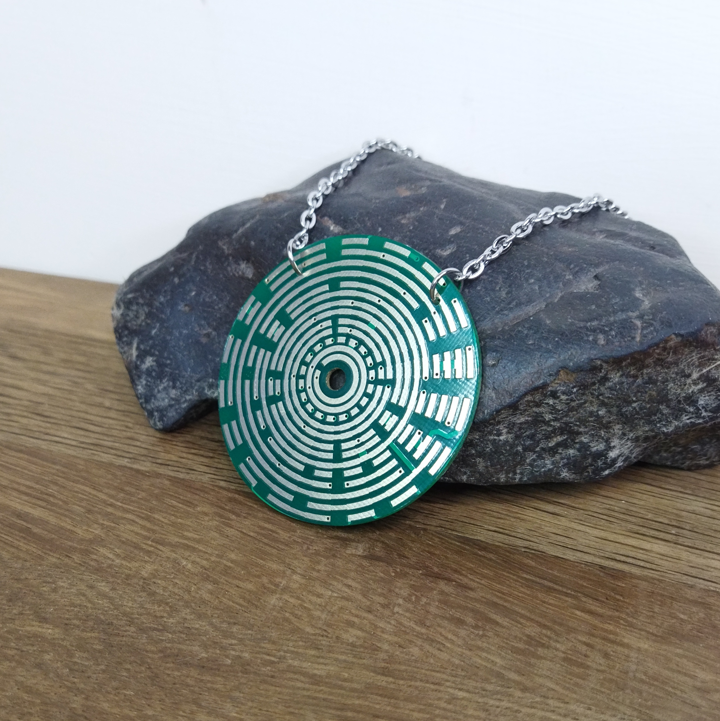 Circuit board necklace. Cyberpunk necklace with chain. Green circle futuristic pendant with chain