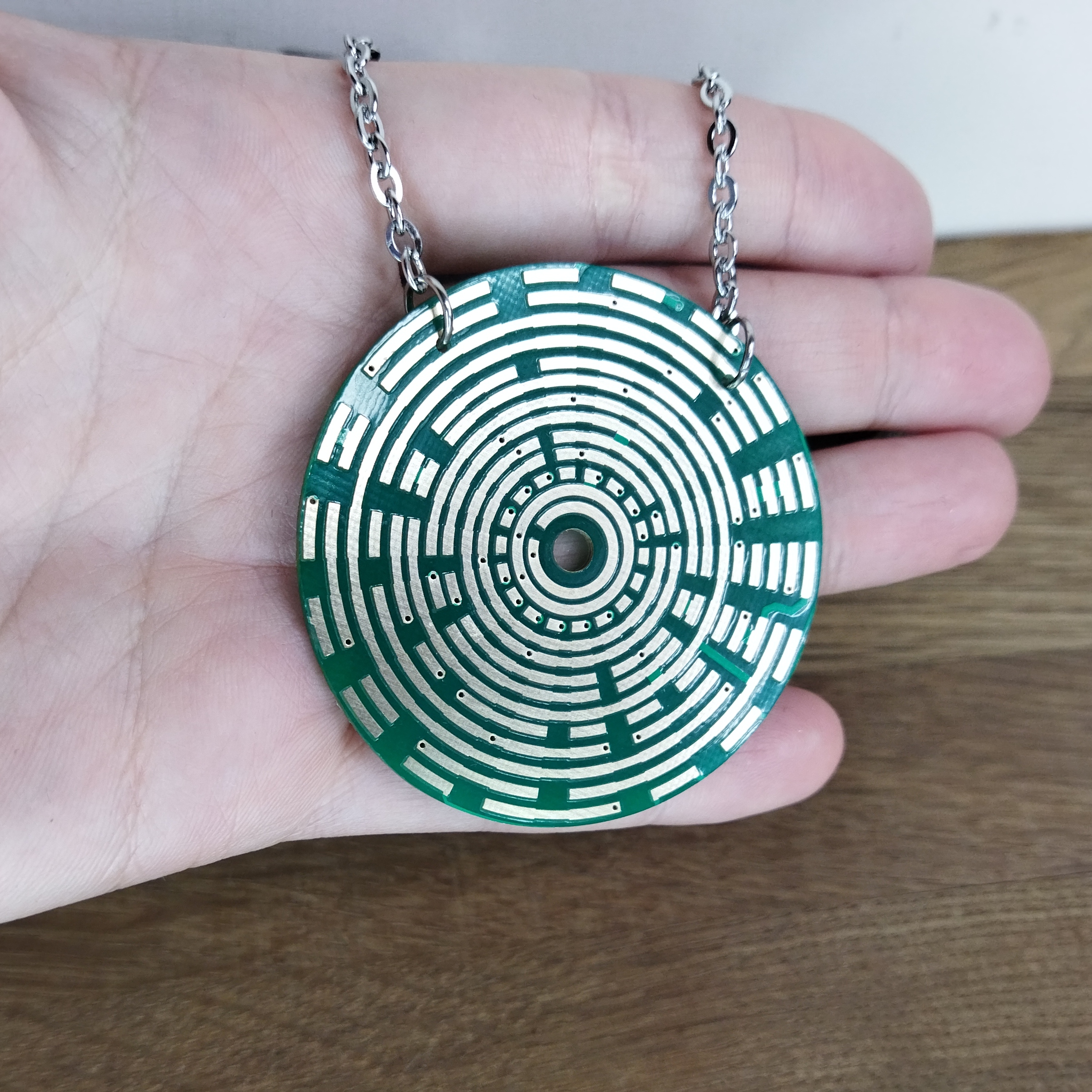 Circuit board necklace. Cyberpunk necklace with chain. Green circle futuristic pendant with chain