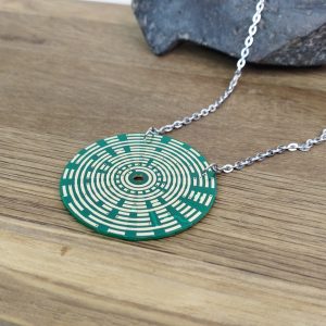 Circuit board necklace. Cyberpunk necklace with chain. Green circle futuristic pendant with chain