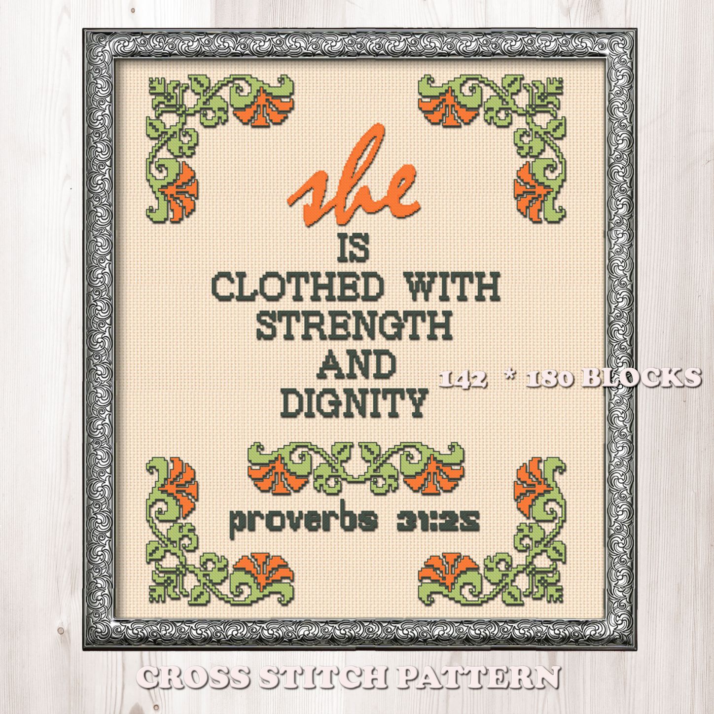 Proverbs 31-25 cross stitch pattern 1 She is clothed with strength and dignity