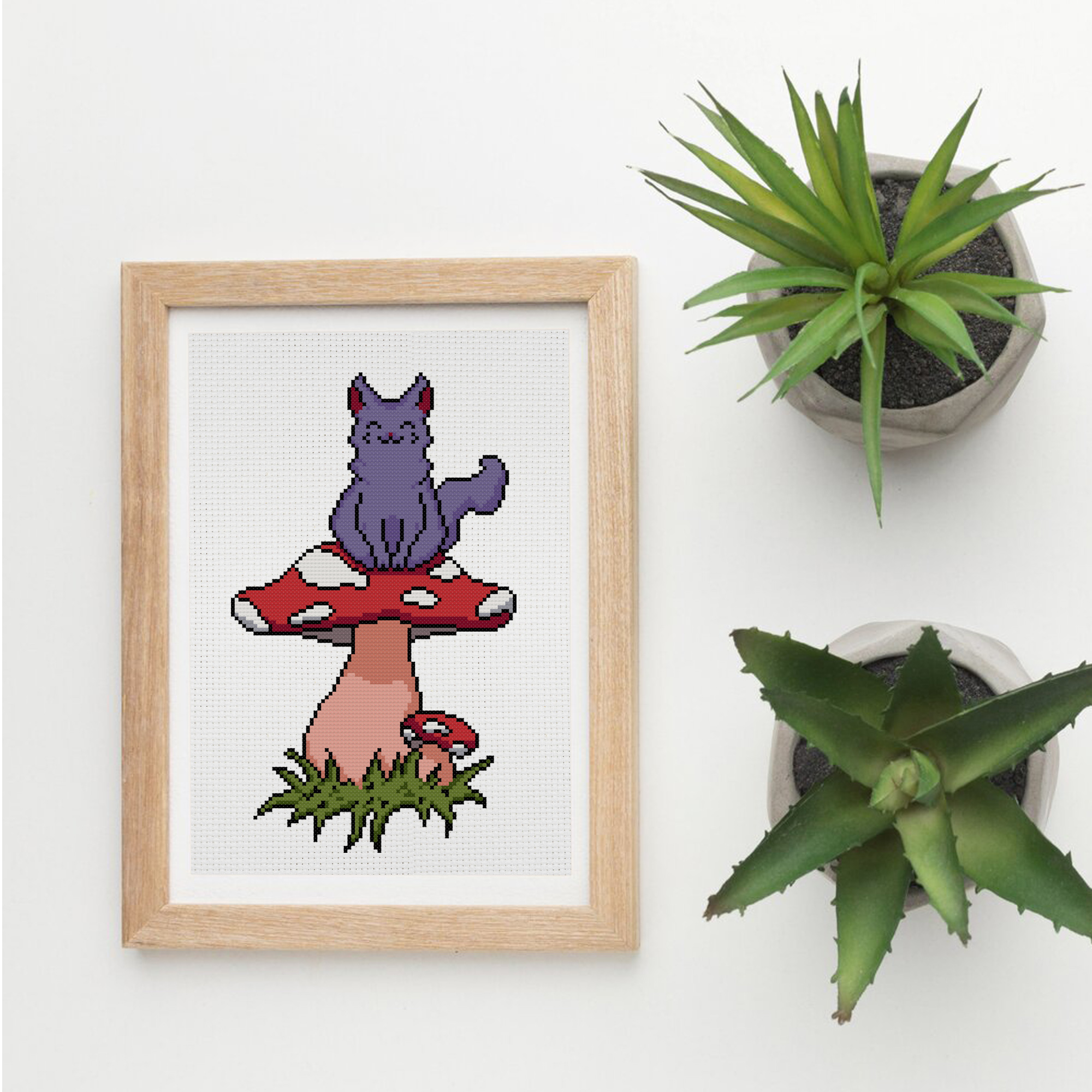 Fly agaric and cat cross stitch pattern