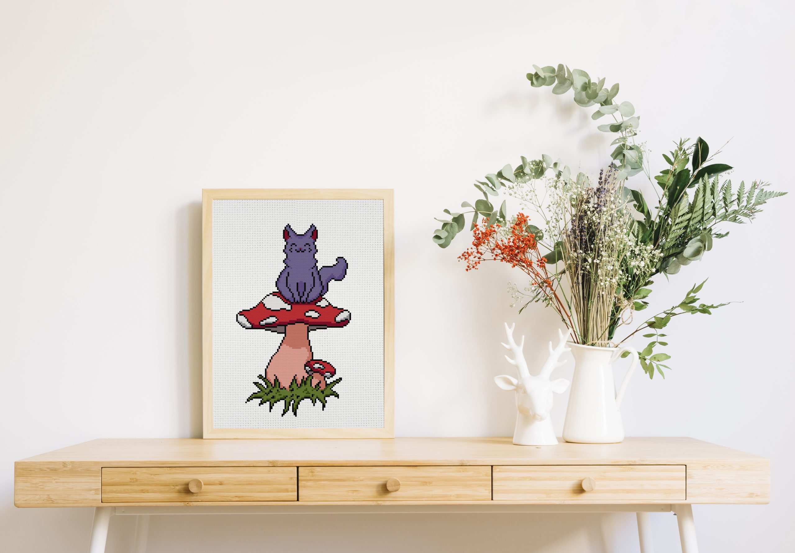 Fly agaric and cat cross stitch pattern