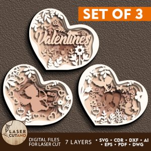 Valentines Day Heart Set Of 3 Paper Cut, Laser Cut Wood