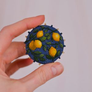 Handmade embroidered brooch Lemon gift idea for Christmas modern jewelry
