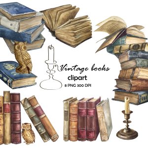 Watercolor books clipart. Vintage books