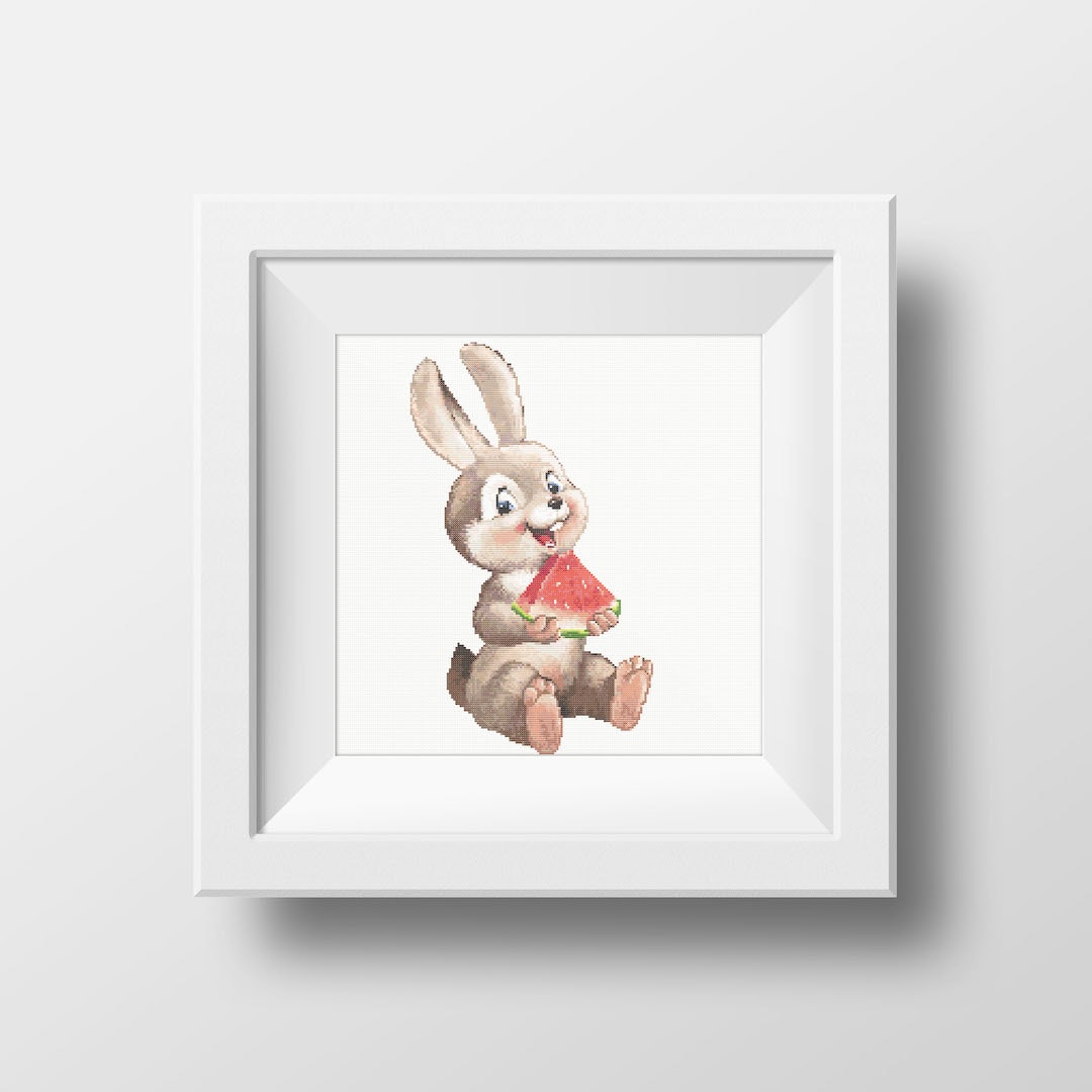 Funny Bunny with watermelon cross stitch pattern, cross stitch chart for home decor and gift