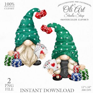 Casino Gnome Clip Art. Playing Cards. PNG Watercolor.
