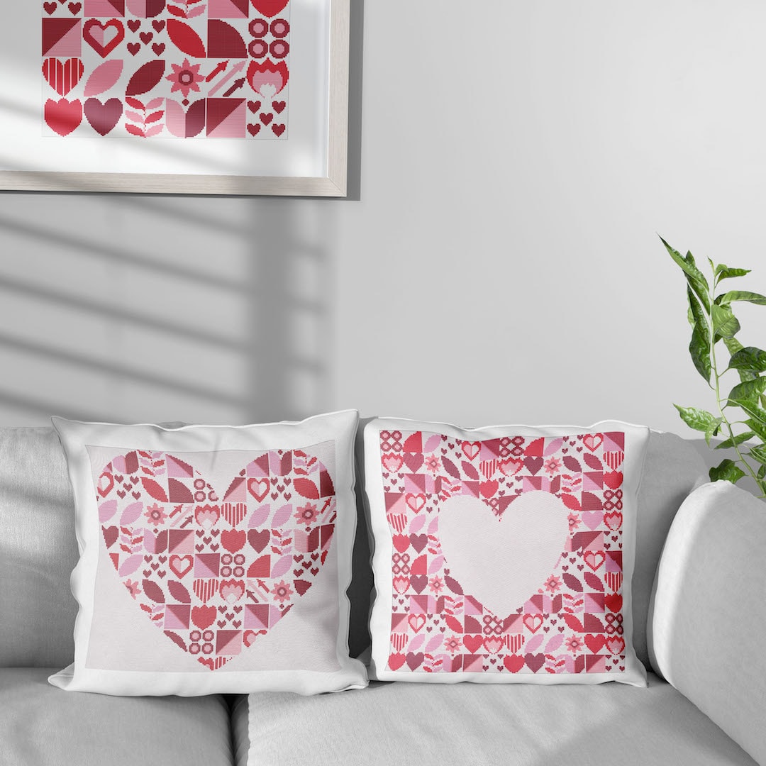 Saint Valentine Heart inside Boho style red pink colors abstract modern style cross stitch digital printable pattern for home decor and gift