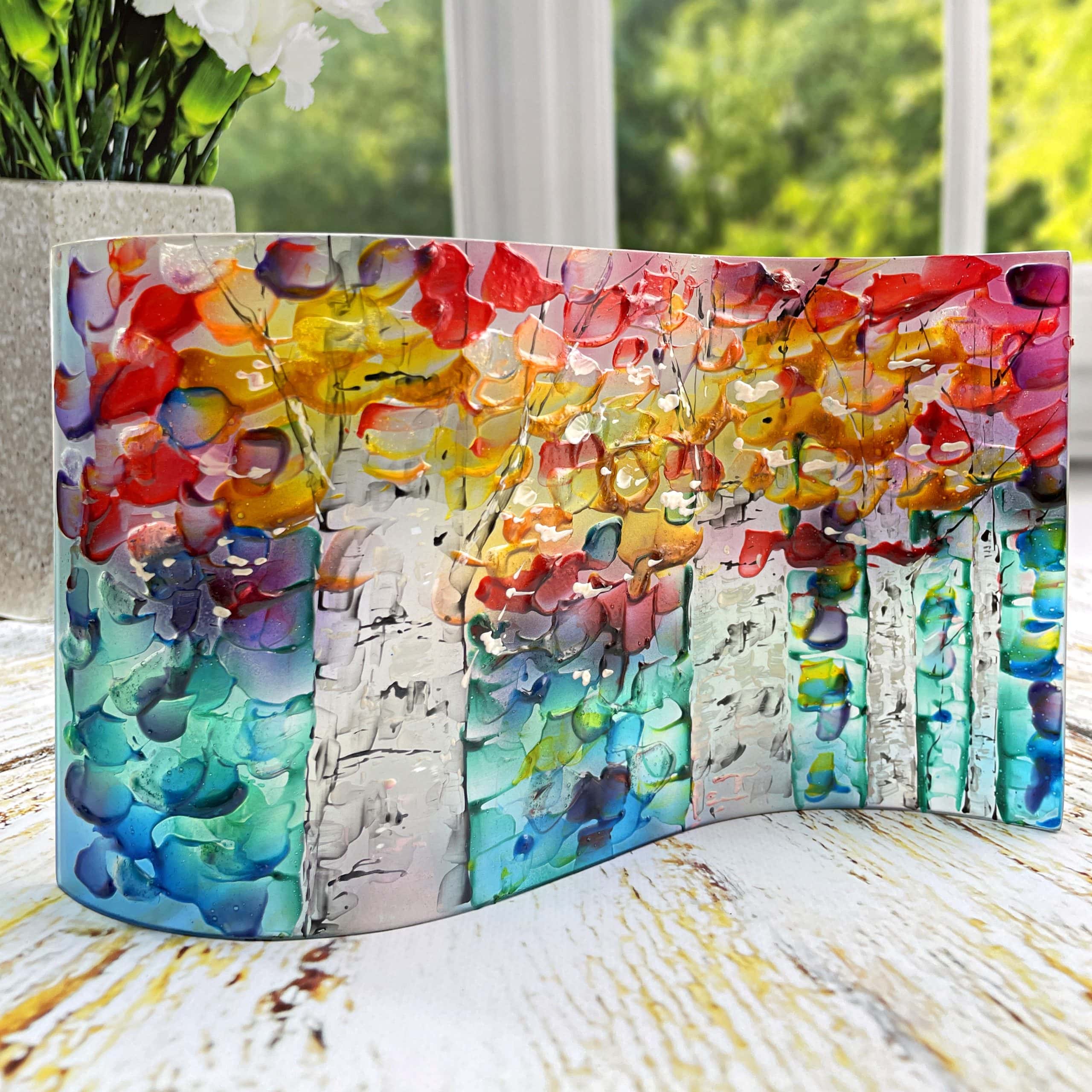 Glass Wave Art Stained Glass Birch Tree Painted Glass Panel Crealandia