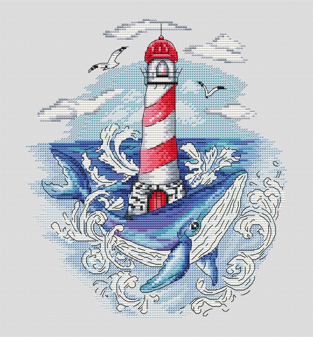 Whale Cross Stitch Pattern, Lighthouse cross stitch chart 1 whale cross stitch pattern