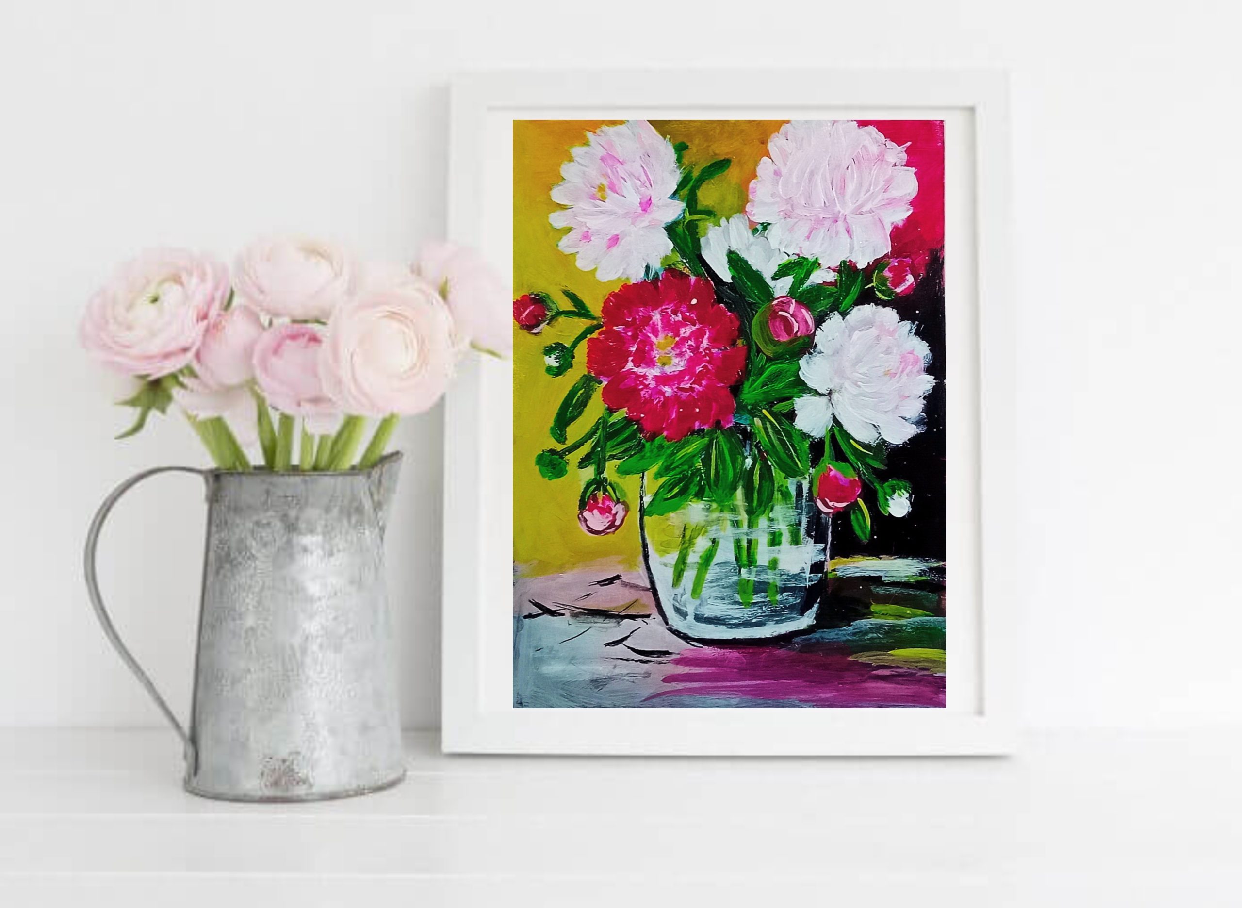 Painting peonies in a white frame