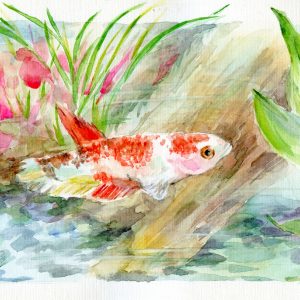 red fish swimming between greens and flowers