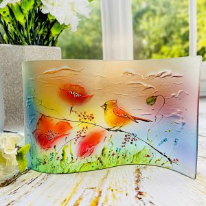 Handmade Marketplace 673 Glass Wave Art Stained Glass Cardinal Bird Painting Glass Panel