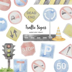 Watercolor road sign clipart. Traffic signs clip art.