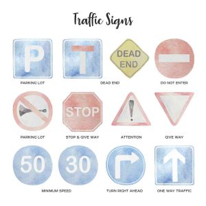 Bundle 32 common traffic signs road PNG. Speed limit, dead end, traffic lights.