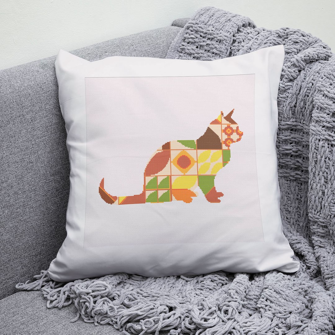 Cat with Boho style Autumn colors abstract cross stitch PDF pattern created for Creative cross stitch shop for cozy home decor and gift
