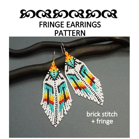 Colorful earrings pattern long beaded Brick stitch + fringe #70 - Crealandia