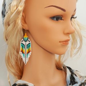 Colorful earrings pattern long beaded Brick stitch + fringe #70