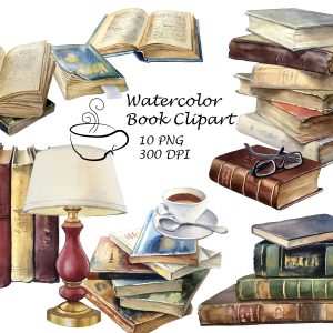 Watercolor books clipart. Vintage books