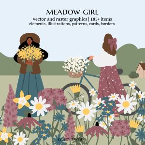 Wildflower meadow girl clipart