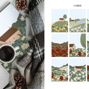 landscape illustration card from Wildflower meadow girl clipart