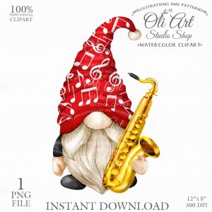 Gnome Saxophonist Clip Art. Jazz. Cute Characters