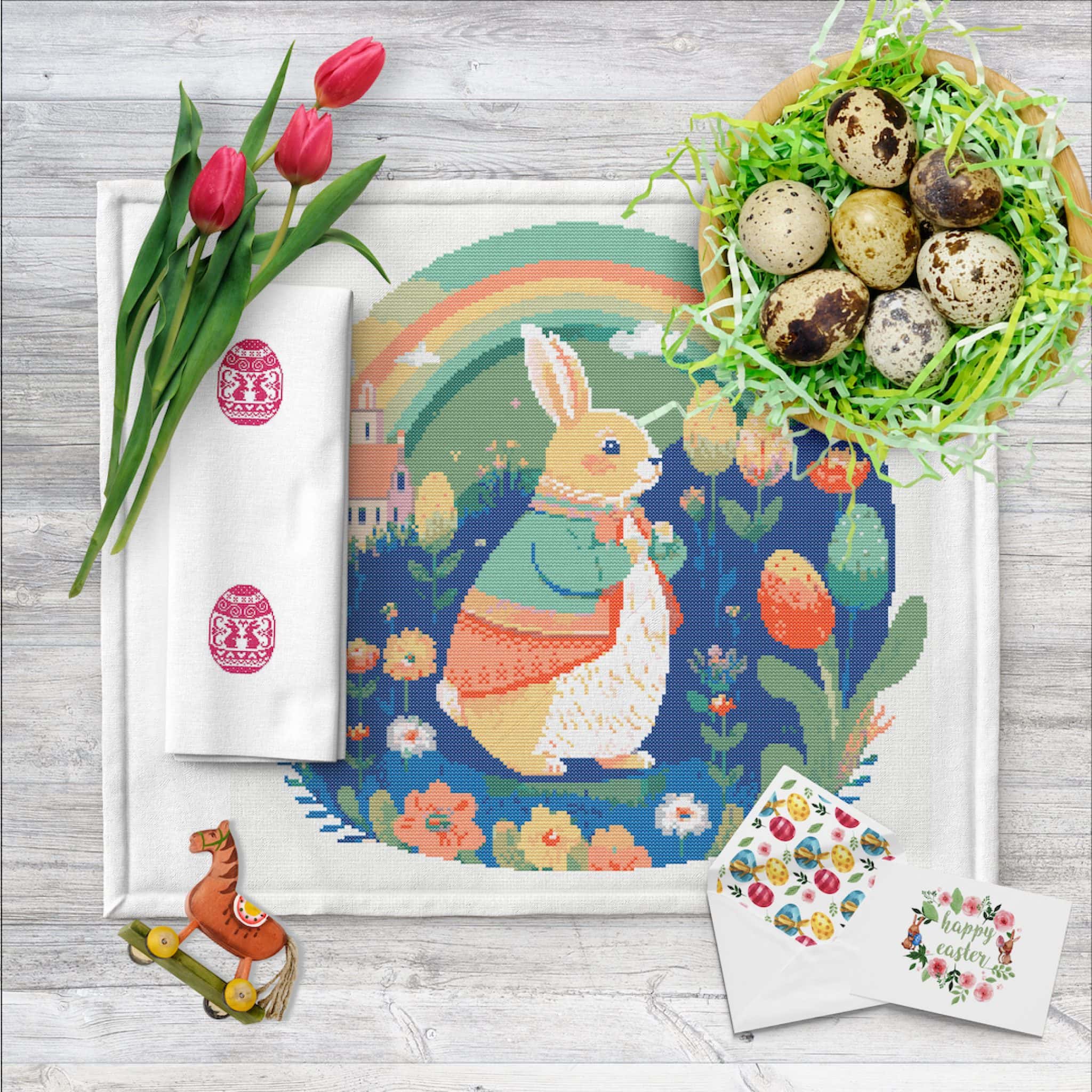 Rainbow Easter bunny cross stitch PDF pattern for home decor - Crealandia
