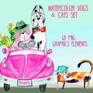 Watercolor cats & dogs hand drawn set